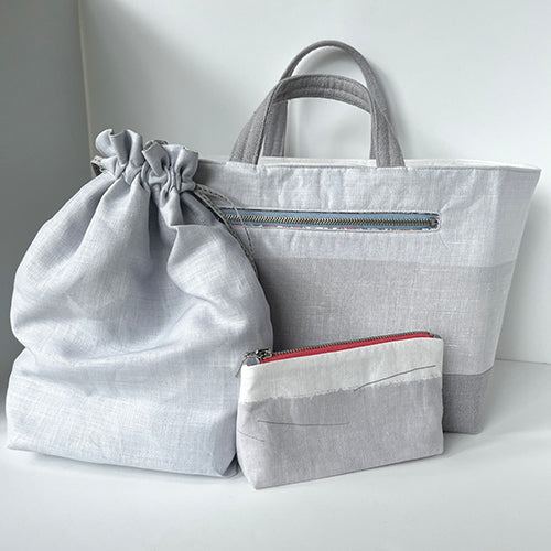 Large Project Bag and Accessory Set - Grey and White Linen