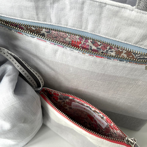 Large Project Bag and Accessory Set - Grey and White Linen