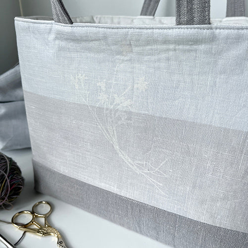 Large Project Bag and Accessory Set - Grey and White Linen